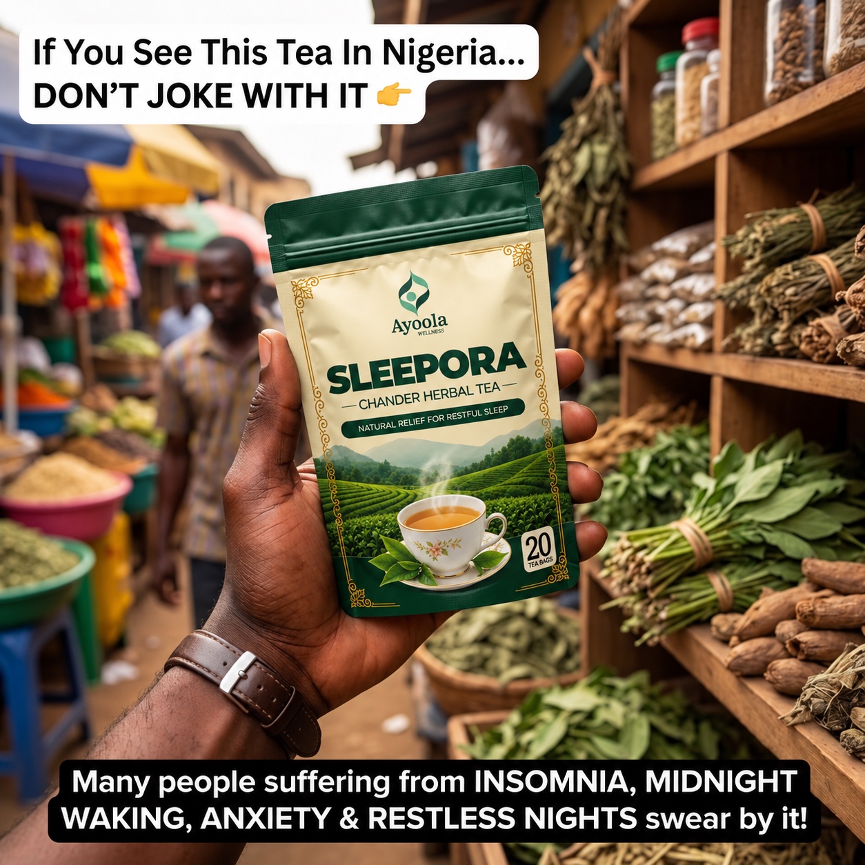 Ayoola SLEEPORA herbal tea pouch held in a market