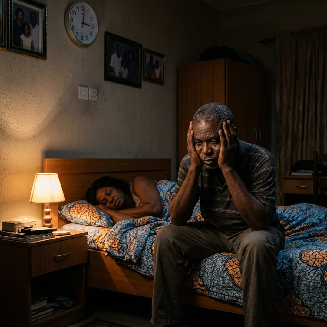 Man sitting awake on the edge of his bed at night while his wife sleeps