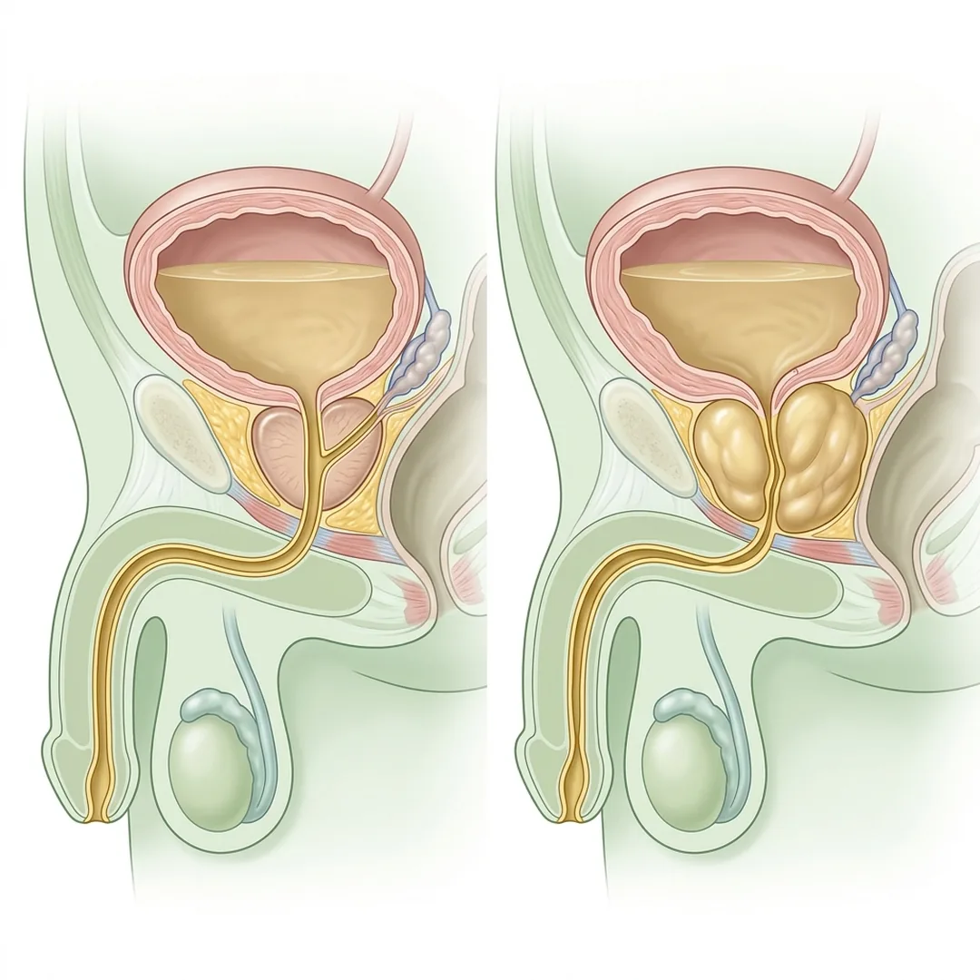 Diagram: normal prostate and urine tube beside an enlarged prostate pressing on the tube