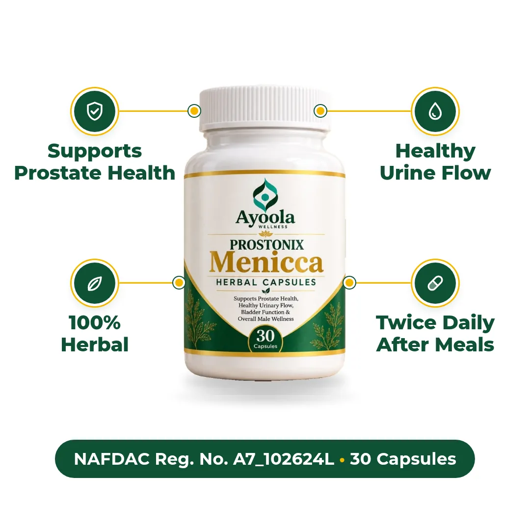 PROSTONIX Menicca bottle: Supports Prostate Health, Healthy Urine Flow, 100% Herbal, Twice Daily After Meals. NAFDAC Reg. No. A7_102624L, 30 Capsules